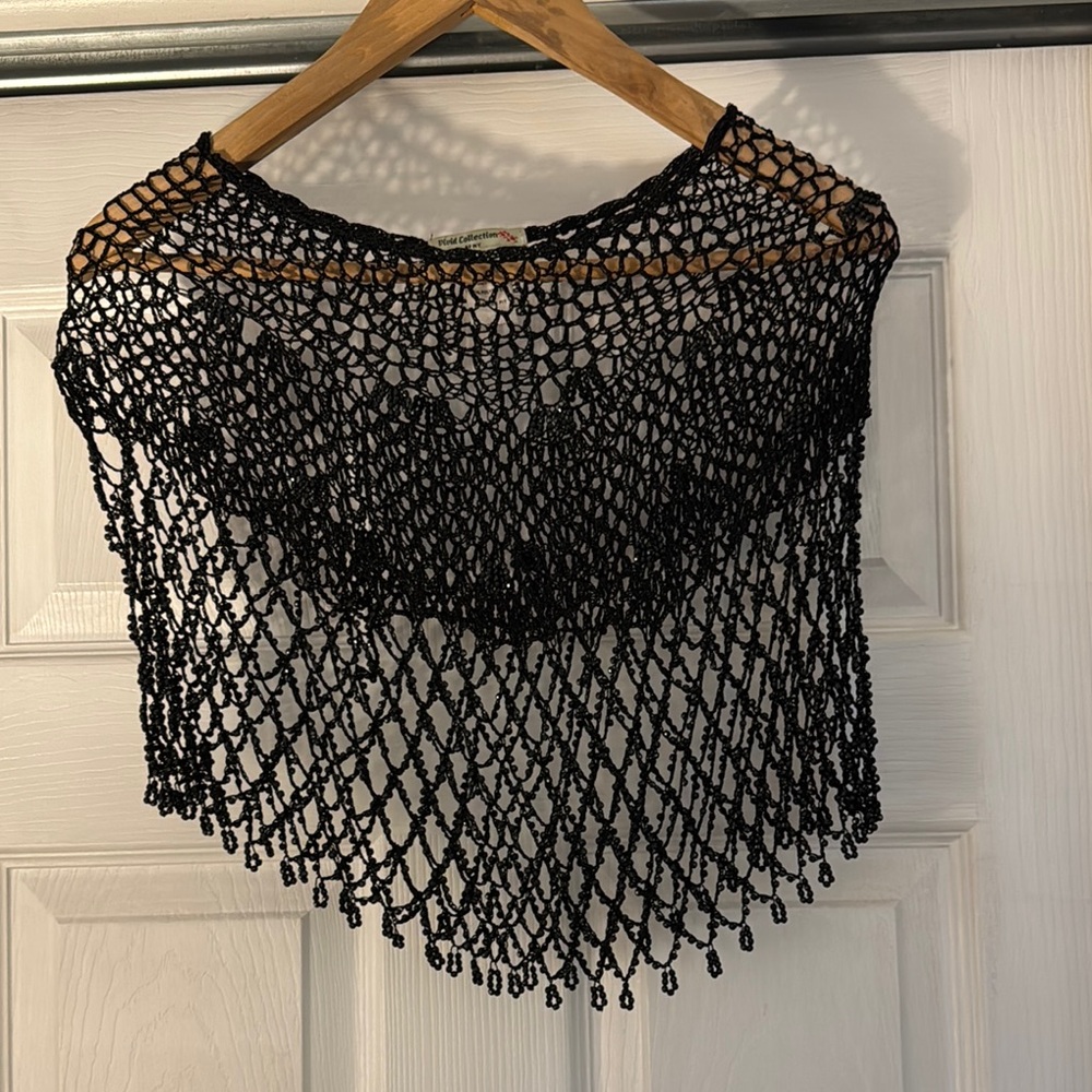 Vici Black Crochet Shrug with Fringed Hem
